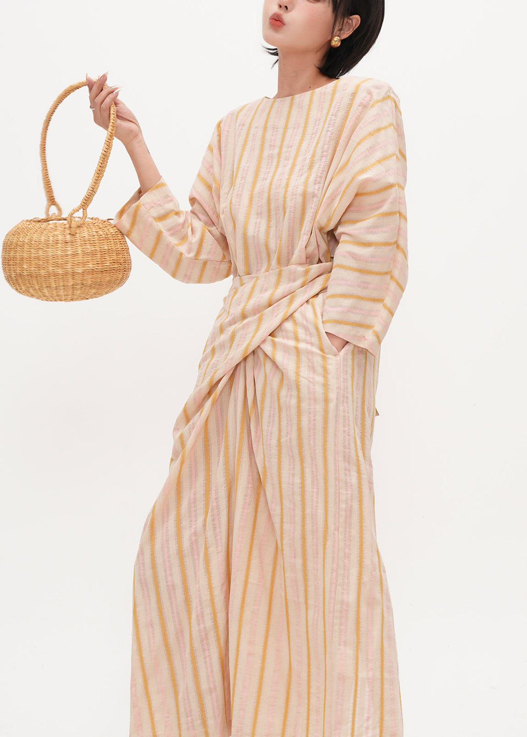 Bohemian Beige Asymmetrical Striped Cotton Tunic Dress Fall