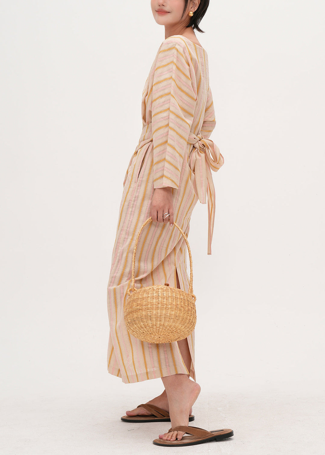 Bohemian Beige Asymmetrical Striped Cotton Tunic Dress Fall