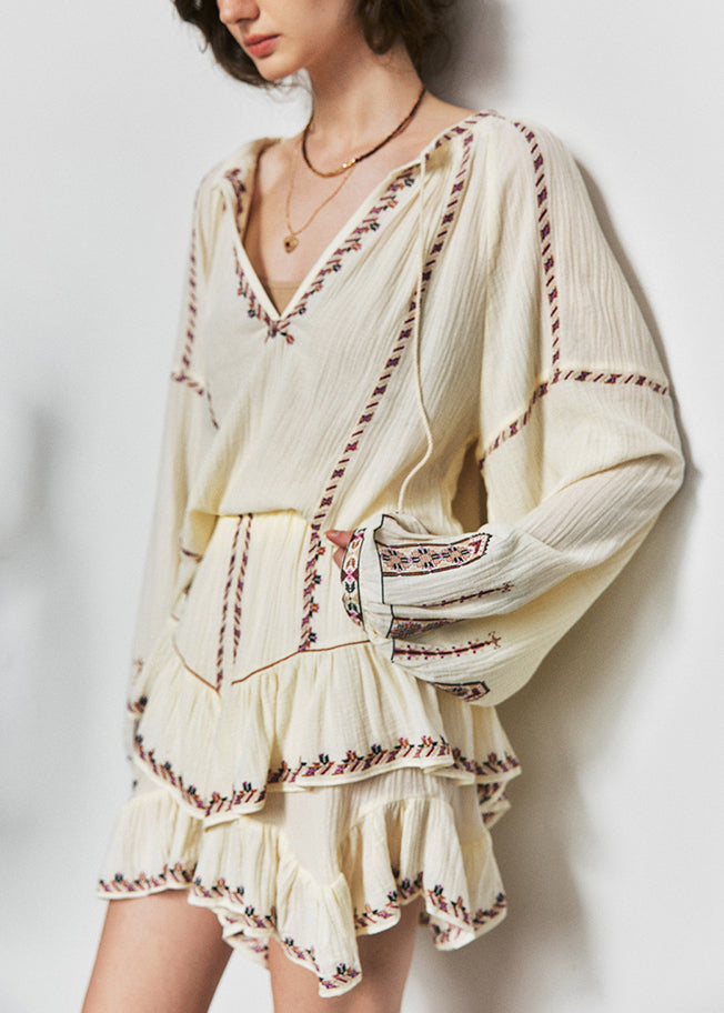 Bohemian Beige Embroidered Ruffled Cotton Two Pieces Set Summer