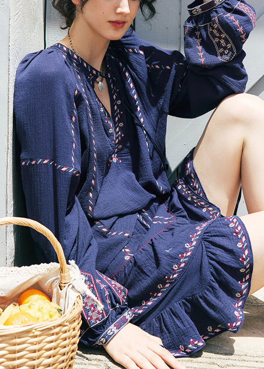 Bohemian Beige Embroidered Ruffled Cotton Two Pieces Set Summer