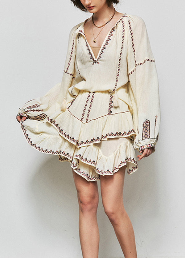 Bohemian Beige Embroidered Ruffled Cotton Two Pieces Set Summer