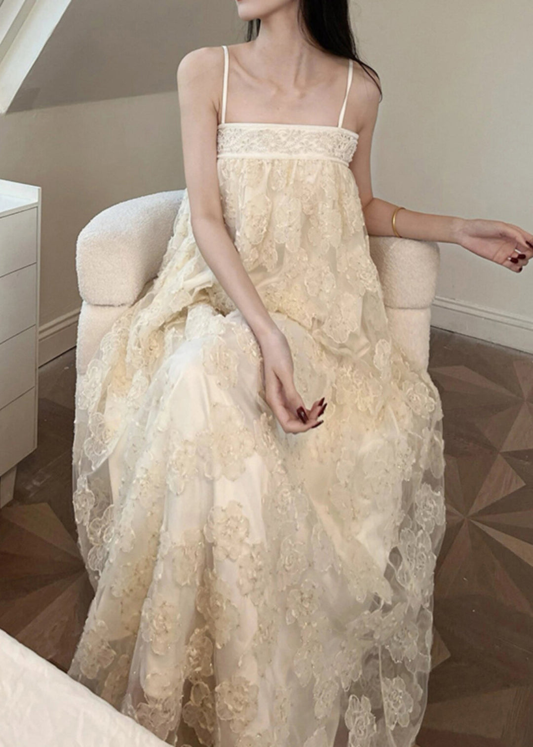 Bohemian Beige Embroidered Tulle Patchwork Long Dresses Sleeveless