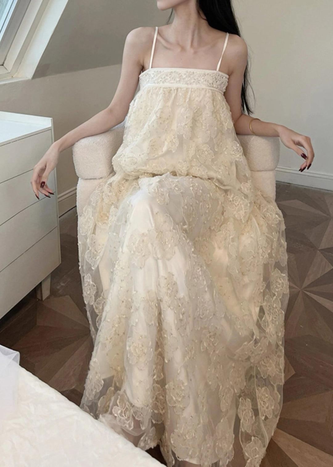 Bohemian Beige Embroidered Tulle Patchwork Long Dresses Sleeveless