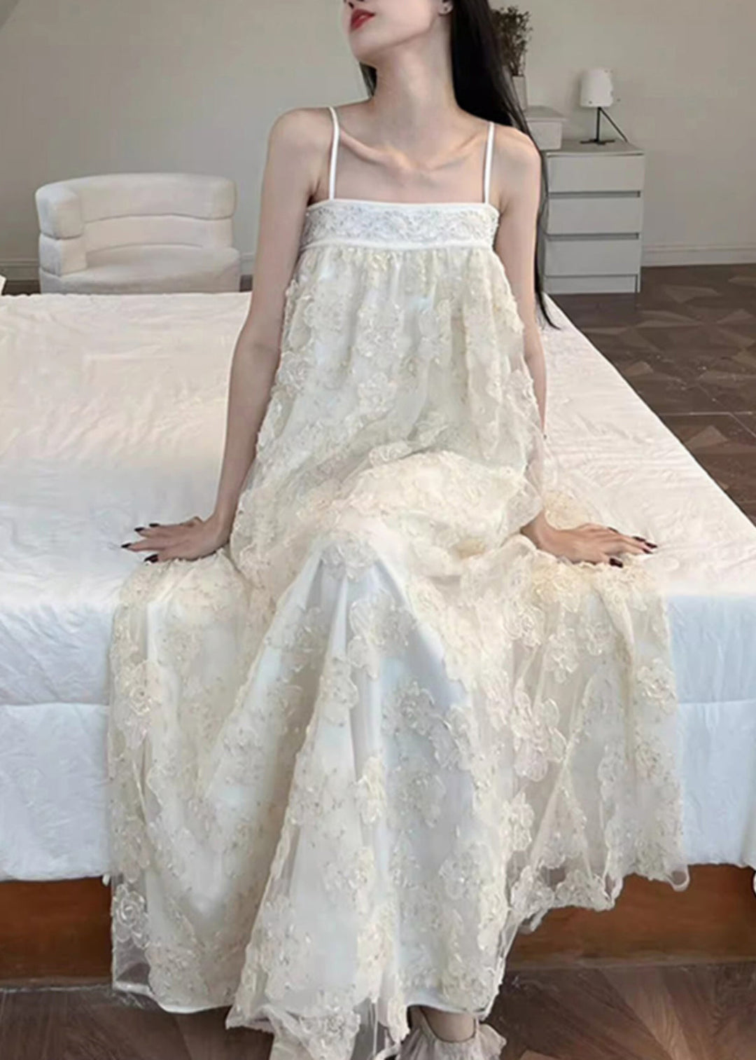 Bohemian Beige Embroidered Tulle Patchwork Long Dresses Sleeveless