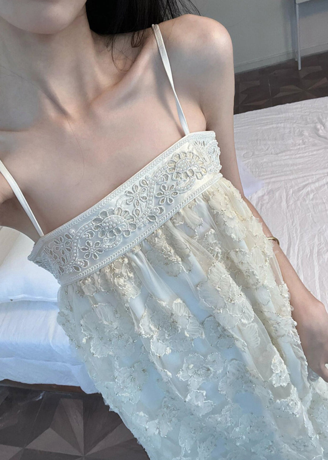 Bohemian Beige Embroidered Tulle Patchwork Long Dresses Sleeveless