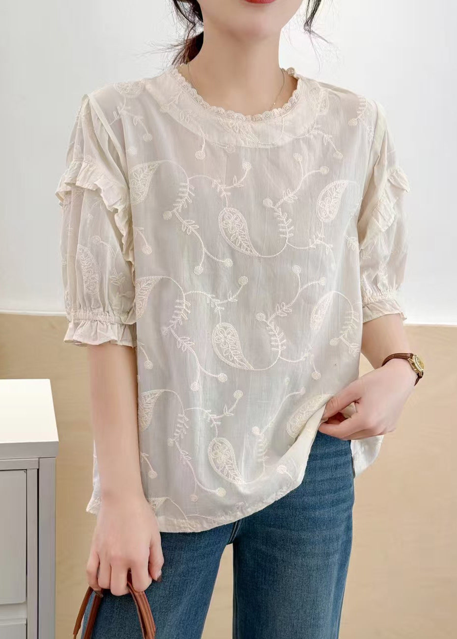 Bohemian Beige Embroideried Cotton Tanks Summer