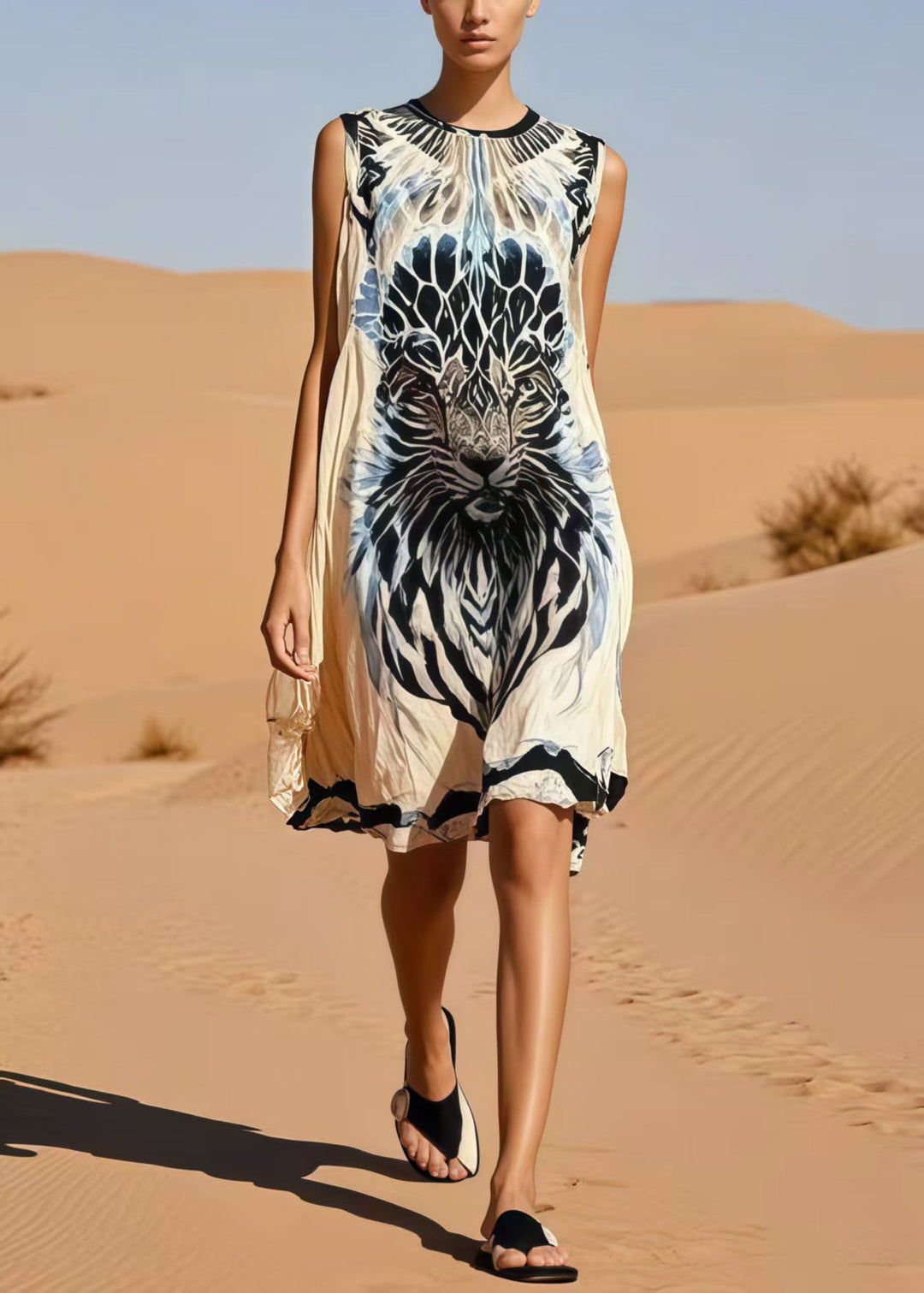 Bohemian Beige Oversized Tiger Print Cotton Day Dress Sleeveless