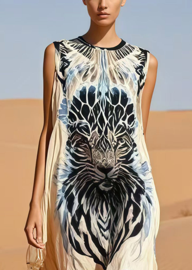Bohemian Beige Oversized Tiger Print Cotton Day Dress Sleeveless