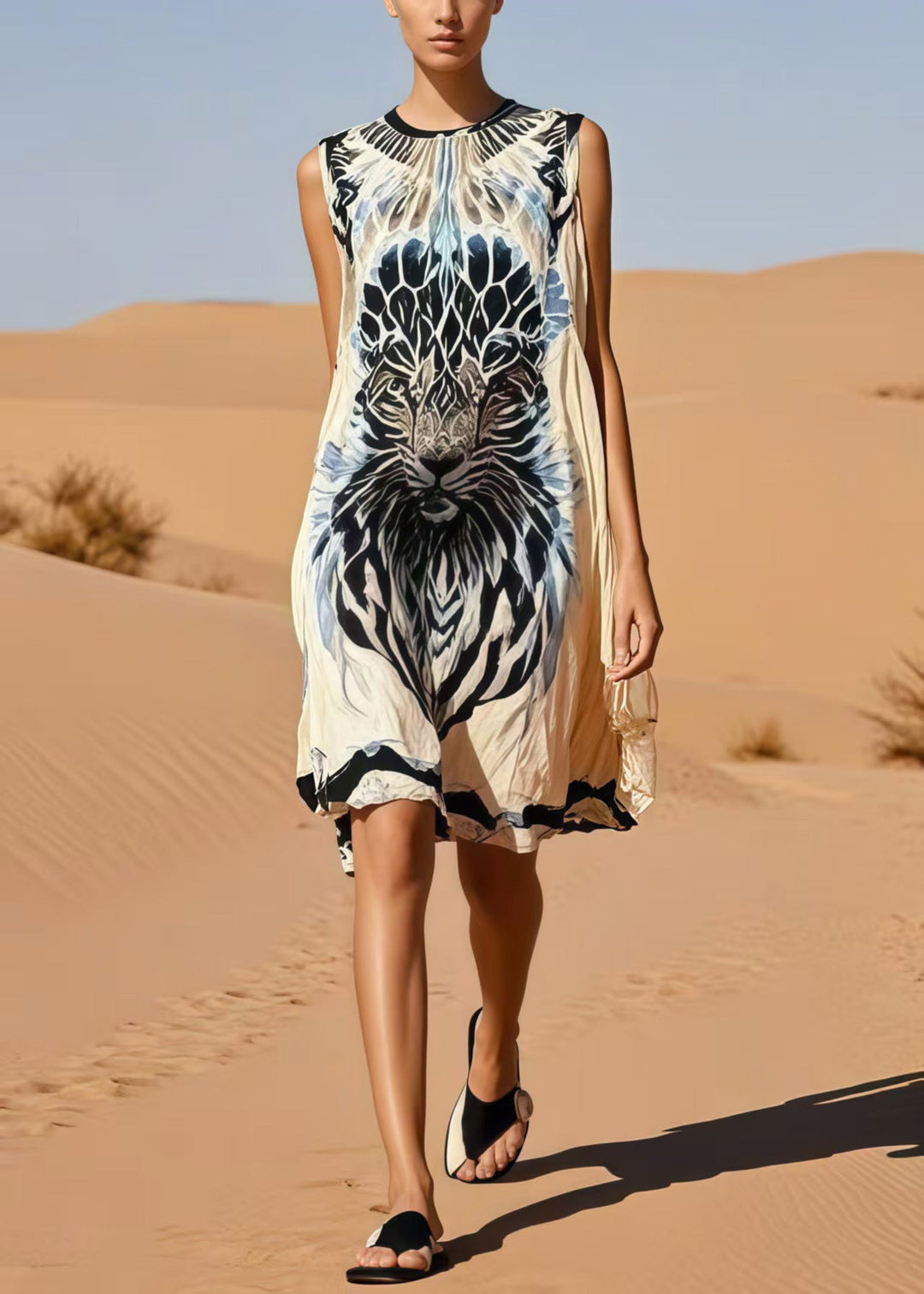Bohemian Beige Oversized Tiger Print Cotton Day Dress Sleeveless