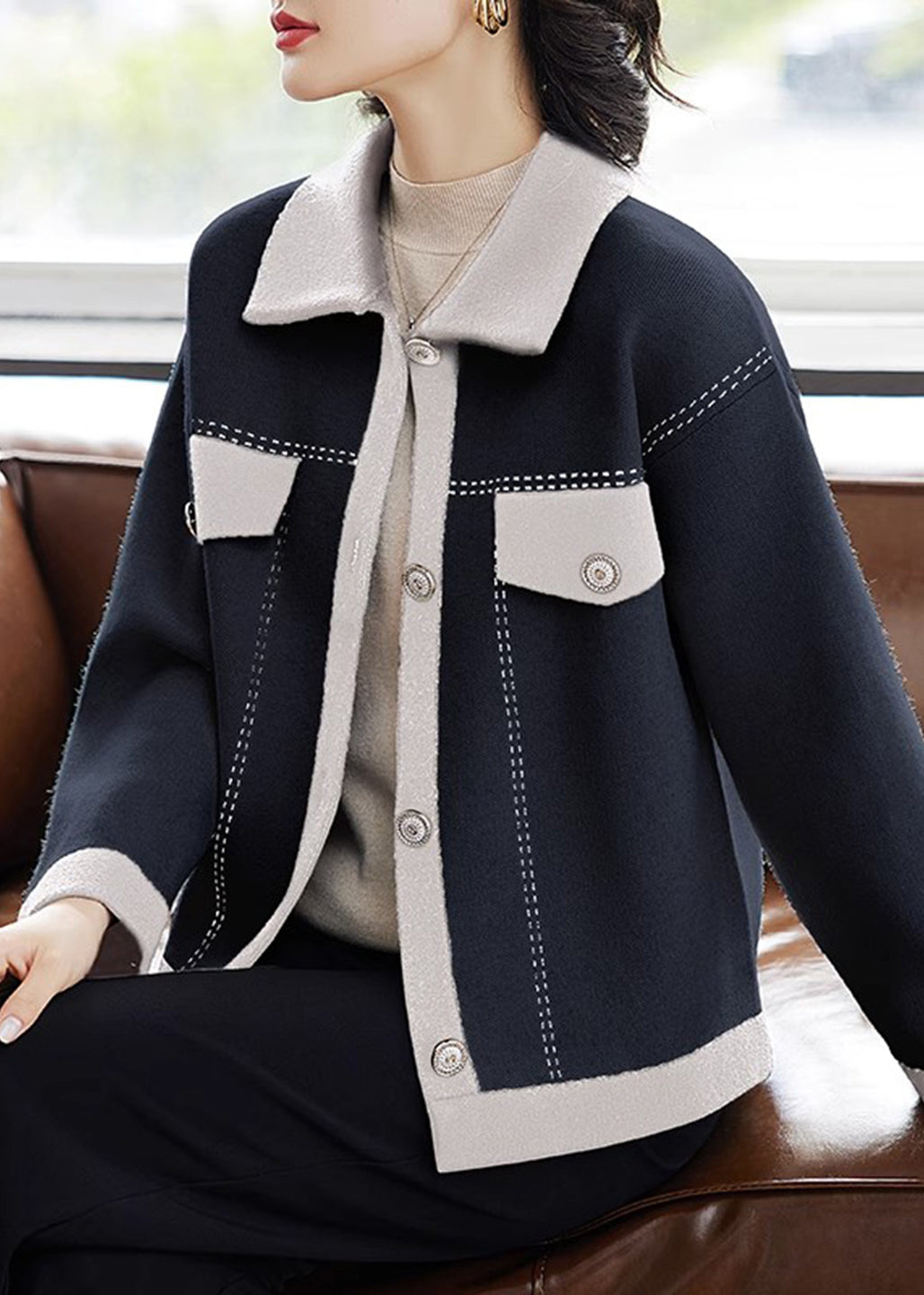 Bohemian Beige Peter Pan Collar Button Knit Cardigans Fall