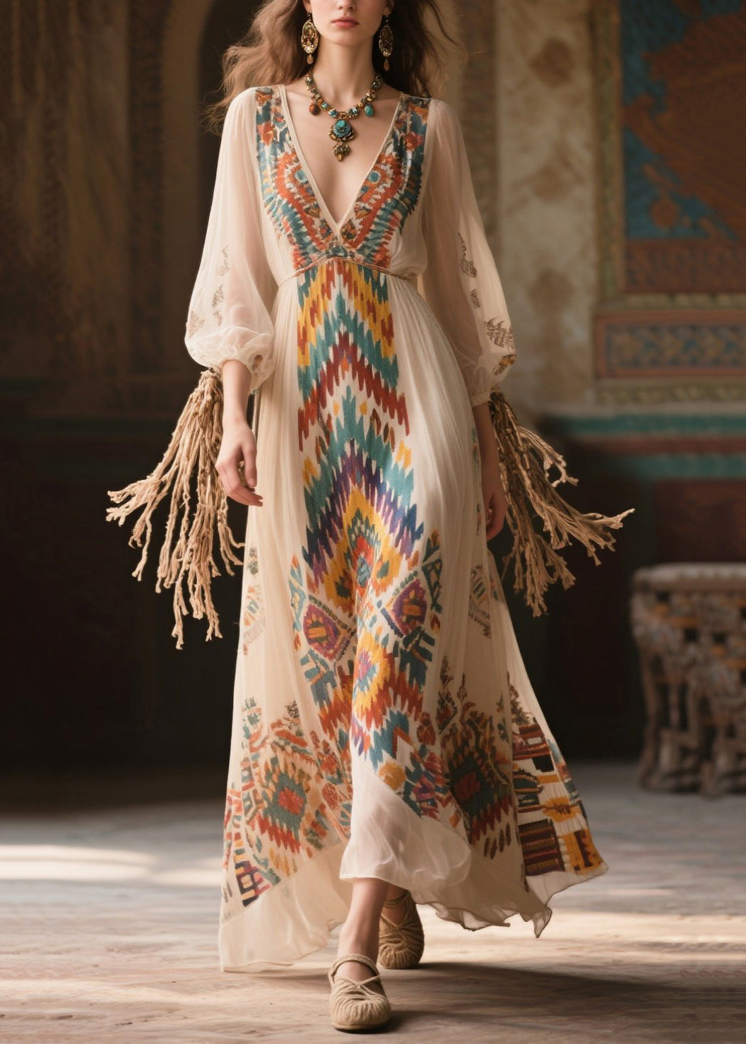 Bohemian Beige Print Draping Chiffon Long Dress Bracelet Sleeve