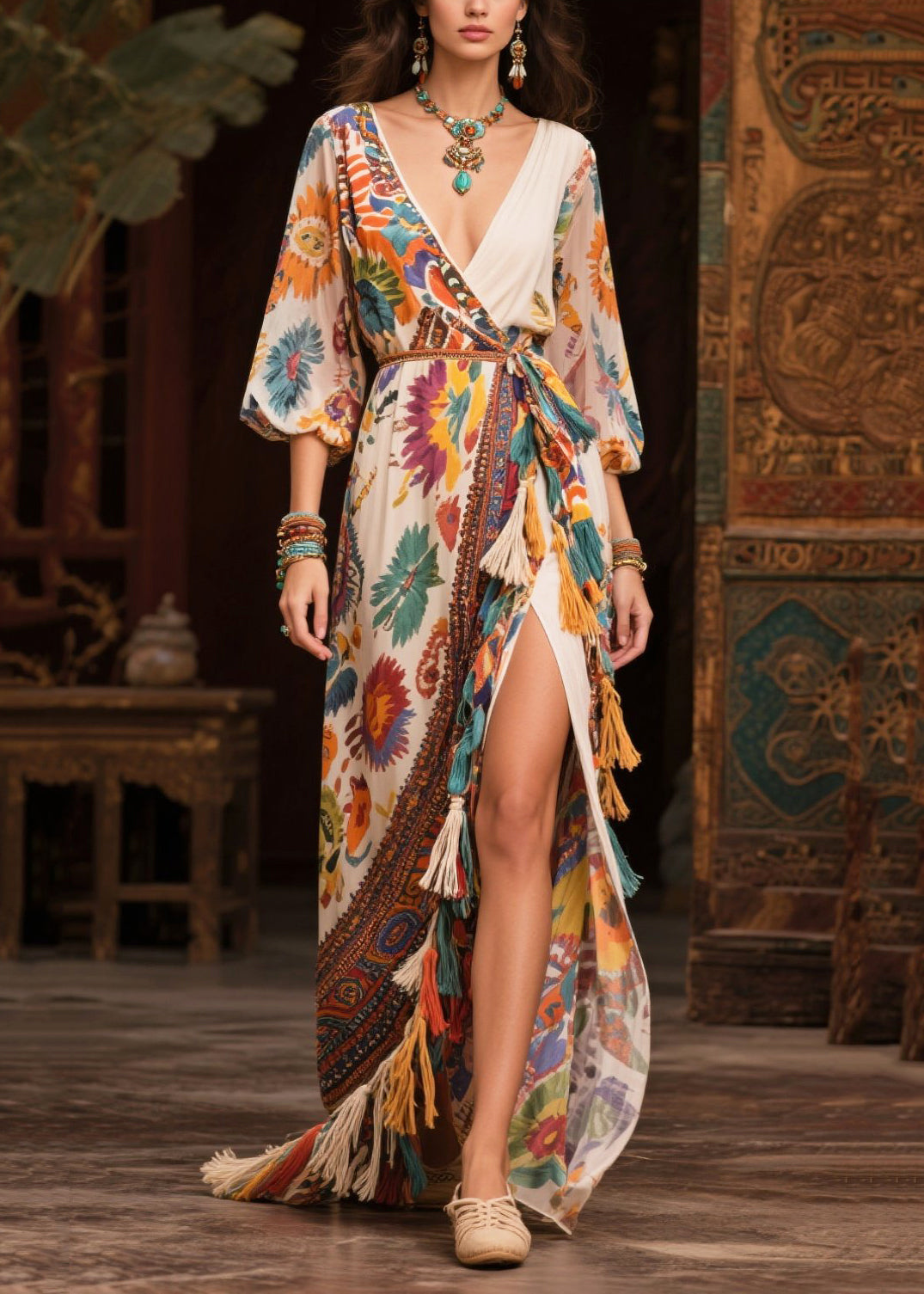 Bohemian Beige Tasseled Print Chiffon Maxi Dresses Lantern Sleeve