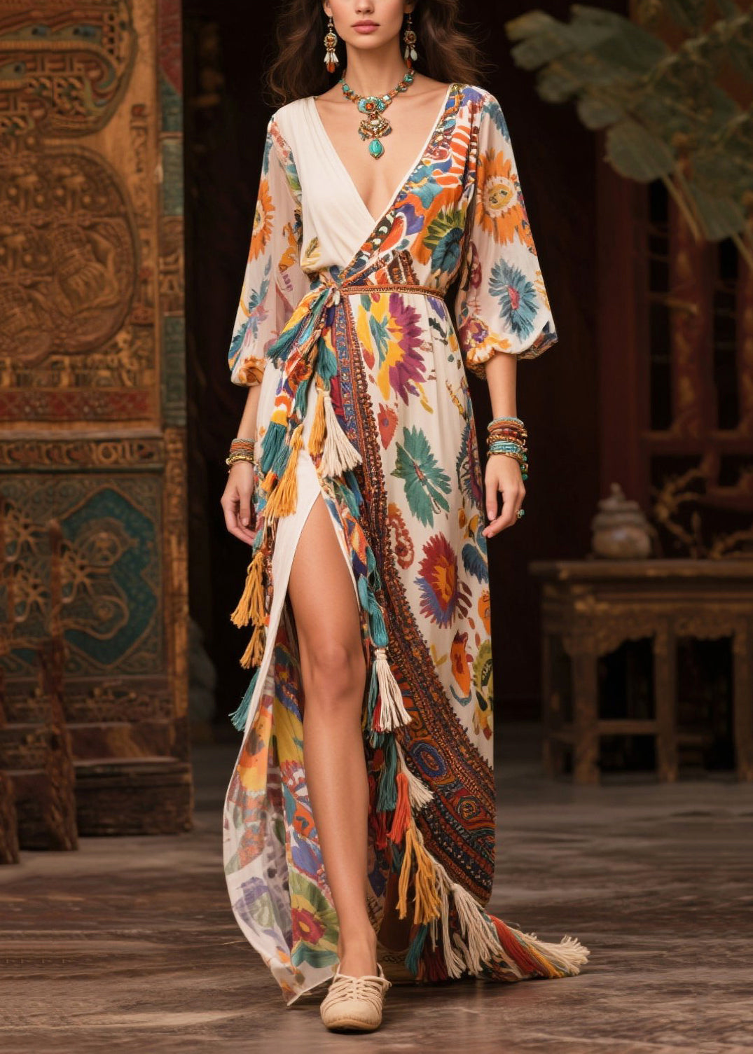 Bohemian Beige Tasseled Print Chiffon Maxi Dresses Lantern Sleeve