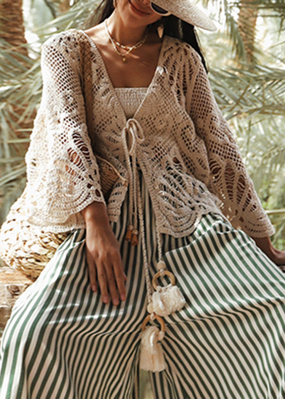 Bohemian Beige V Neck Tie Lace Holiday Tops Batwing Sleeve