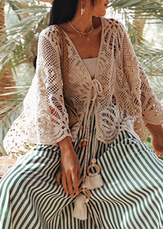 Bohemian Beige V Neck Tie Lace Holiday Tops Batwing Sleeve