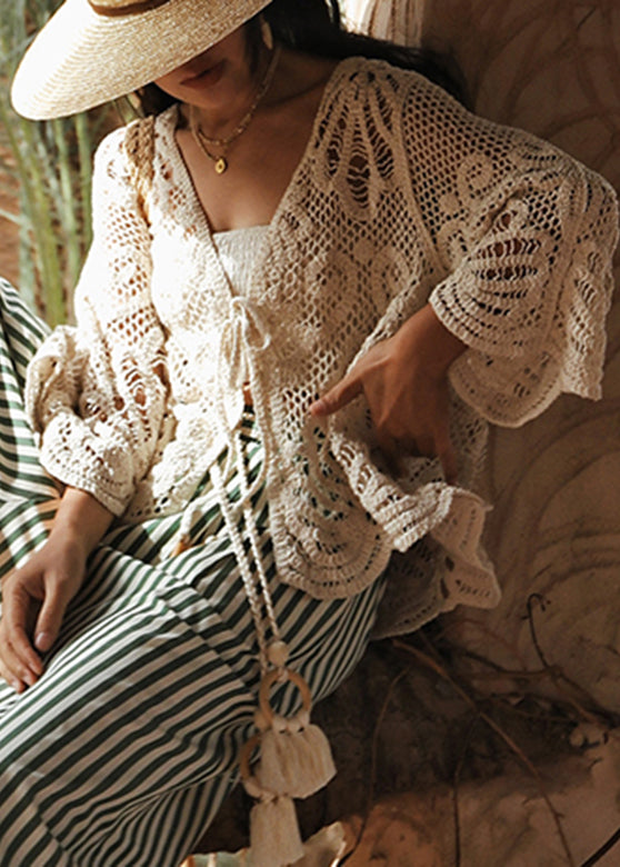 Bohemian Beige V Neck Tie Lace Holiday Tops Batwing Sleeve