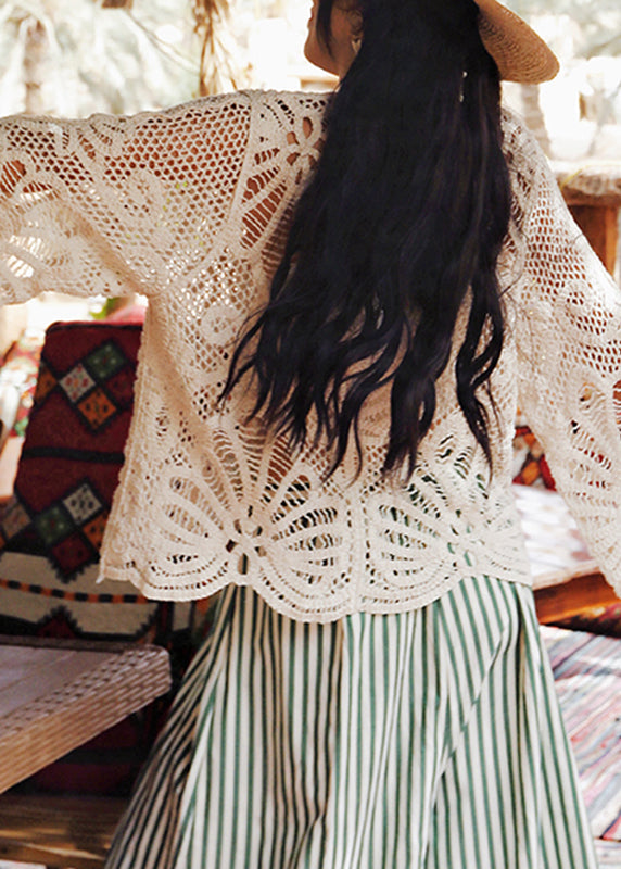 Bohemian Beige V Neck Tie Lace Holiday Tops Batwing Sleeve