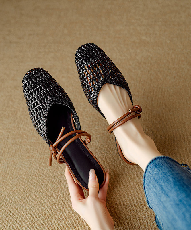 Bohemian Beige Woven Hollow Out Breathable Slide Sandals