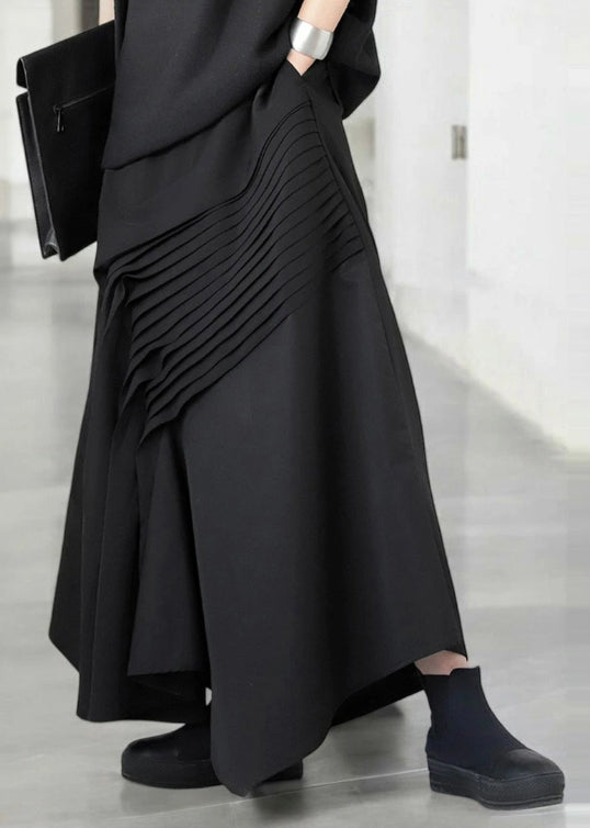 Bohemian Black Asymmetrical Wrinkled Cotton Skirt Fall