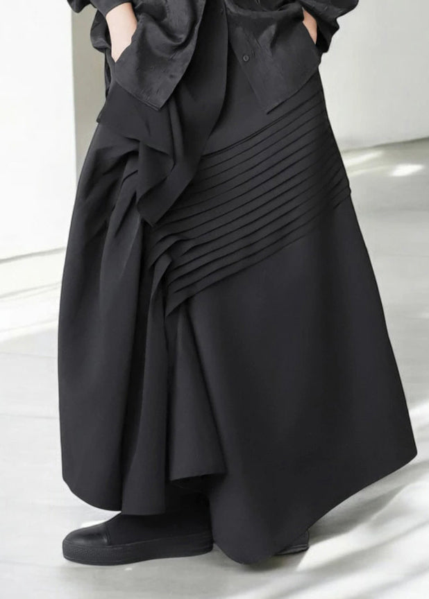 Bohemian Black Asymmetrical Wrinkled Cotton Skirt Fall