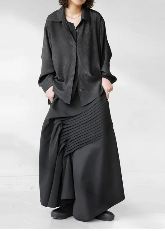 Bohemian Black Asymmetrical Wrinkled Cotton Skirt Fall