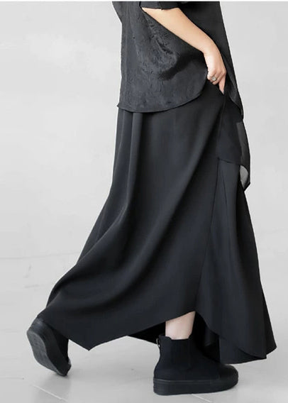Bohemian Black Asymmetrical Wrinkled Cotton Skirt Fall