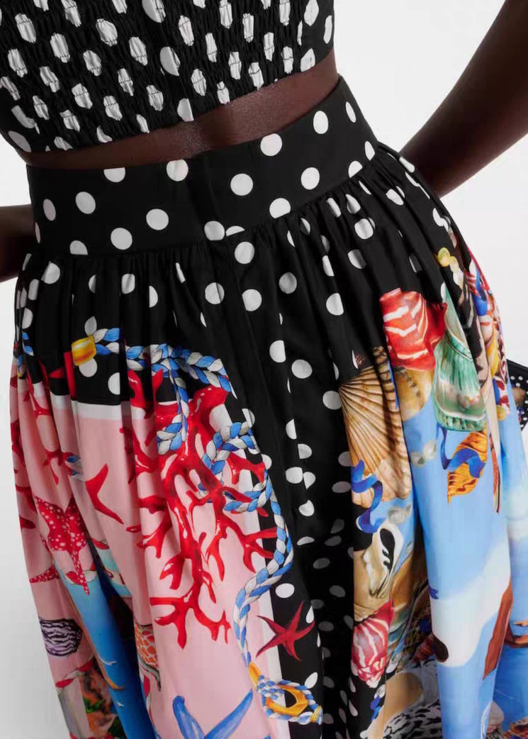 Bohemian Black Dot Print Pockets Cotton Skirts Summer