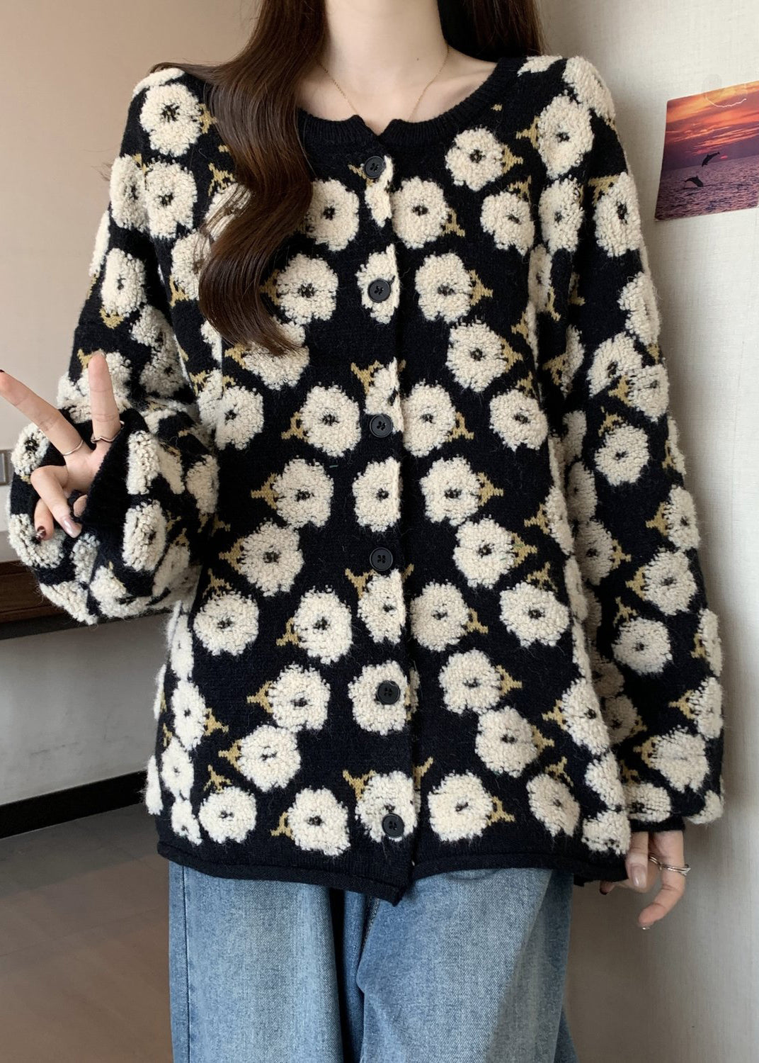 Bohemian Black Embroidered Floral Knit Loose Coat Winter