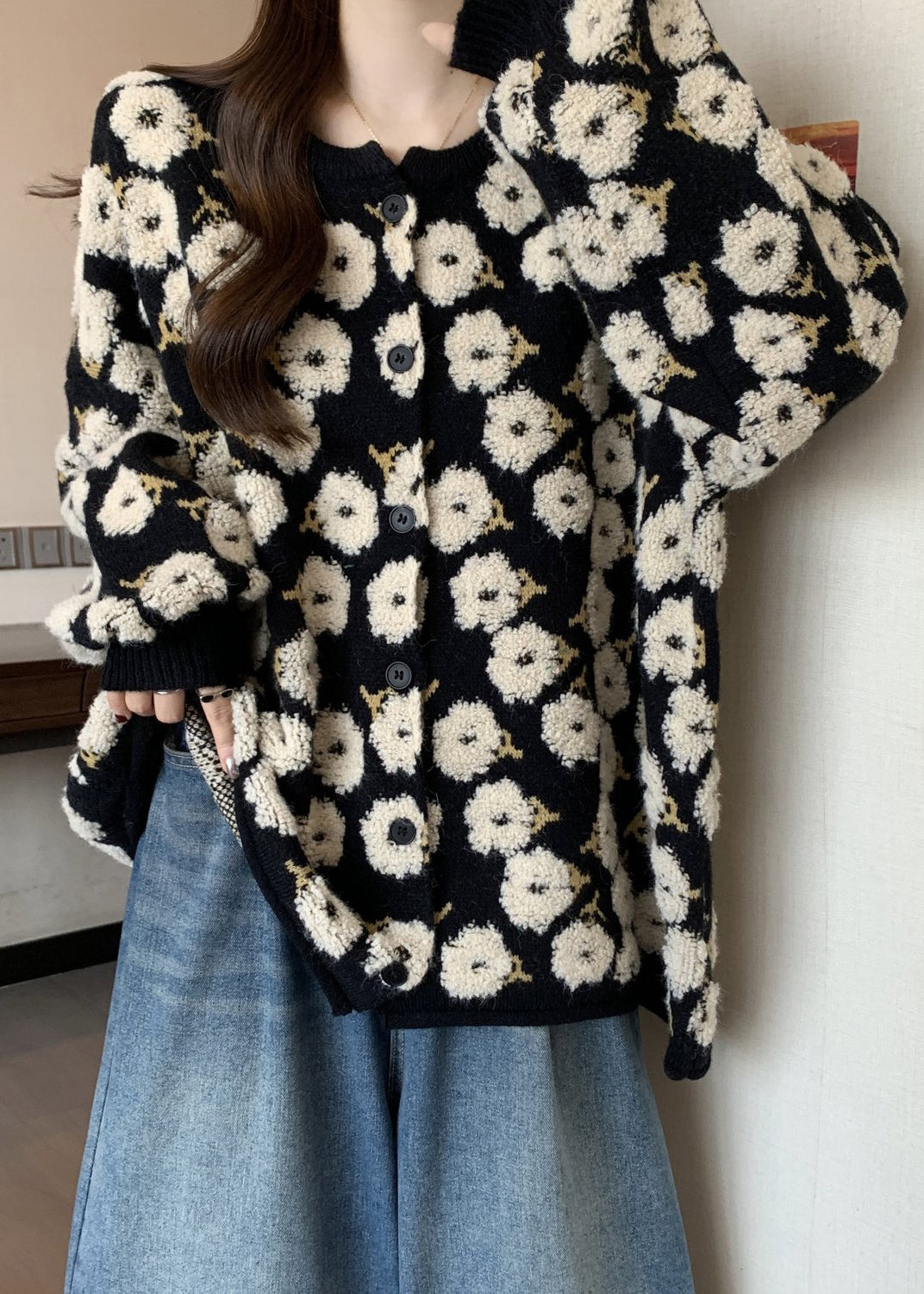 Bohemian Black Embroidered Floral Knit Loose Coat Winter