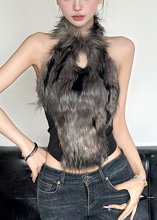 Bohemian Black Hollow Out Fluffy Patchwork Tanks Sleeveless