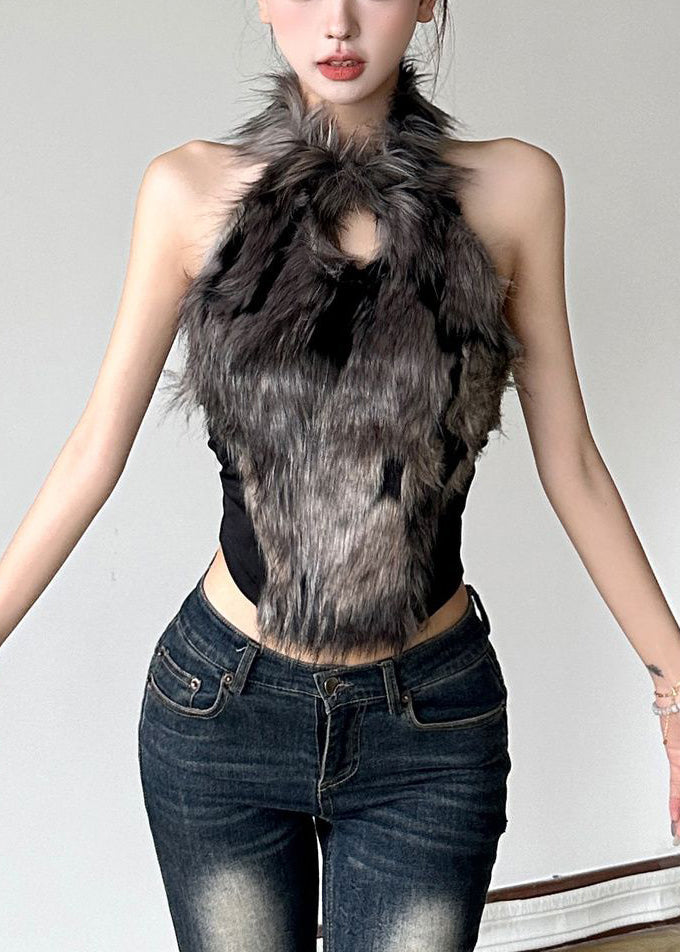 Bohemian Black Hollow Out Fluffy Patchwork Tanks Sleeveless
