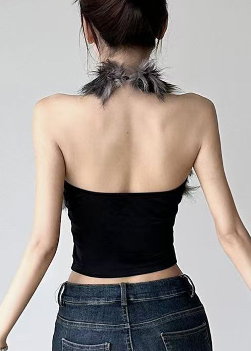 Bohemian Black Hollow Out Fluffy Patchwork Tanks Sleeveless