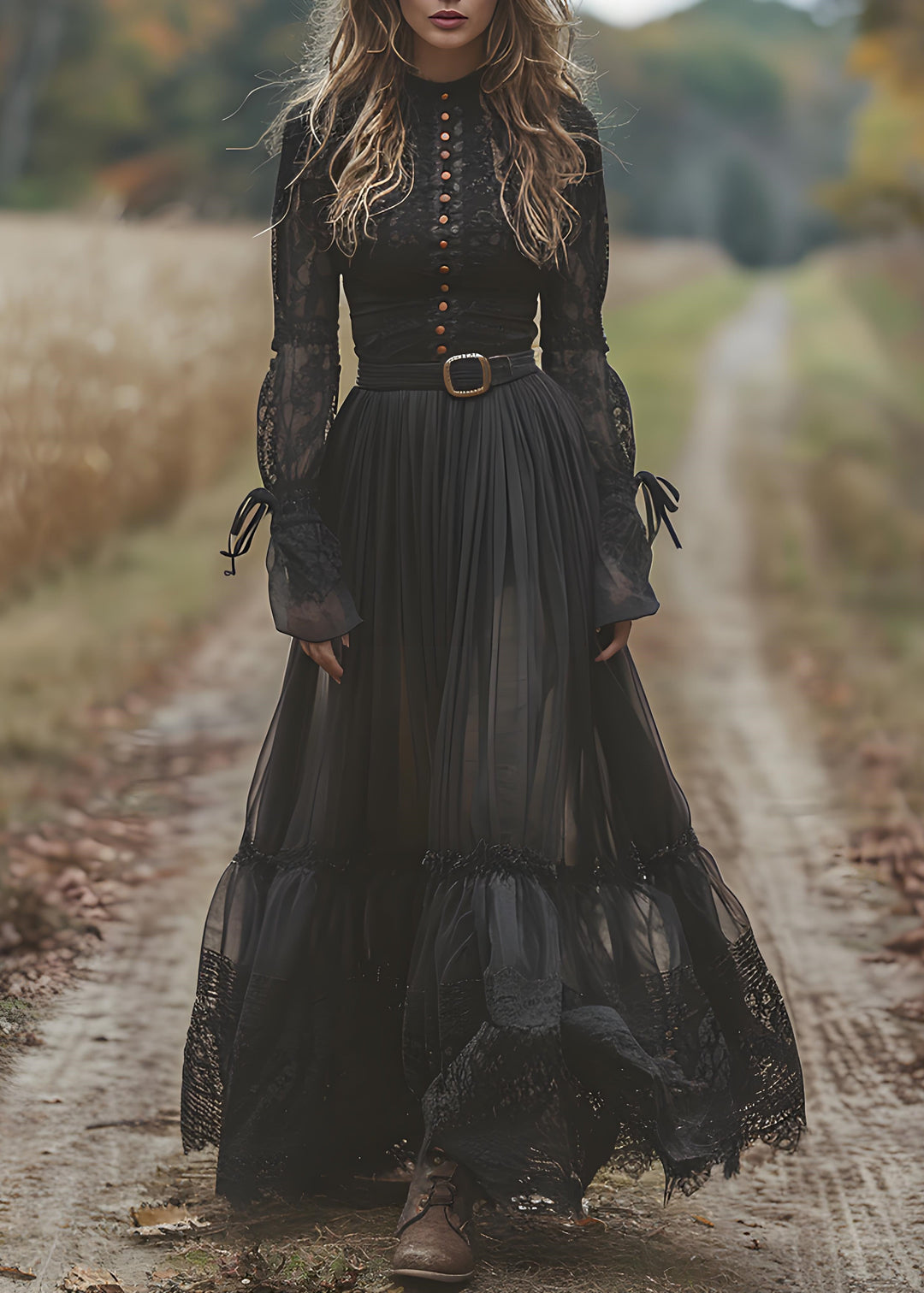 Bohemian Black Lace Patchwork Wrinkled Cotton Maxi Dresses Spring