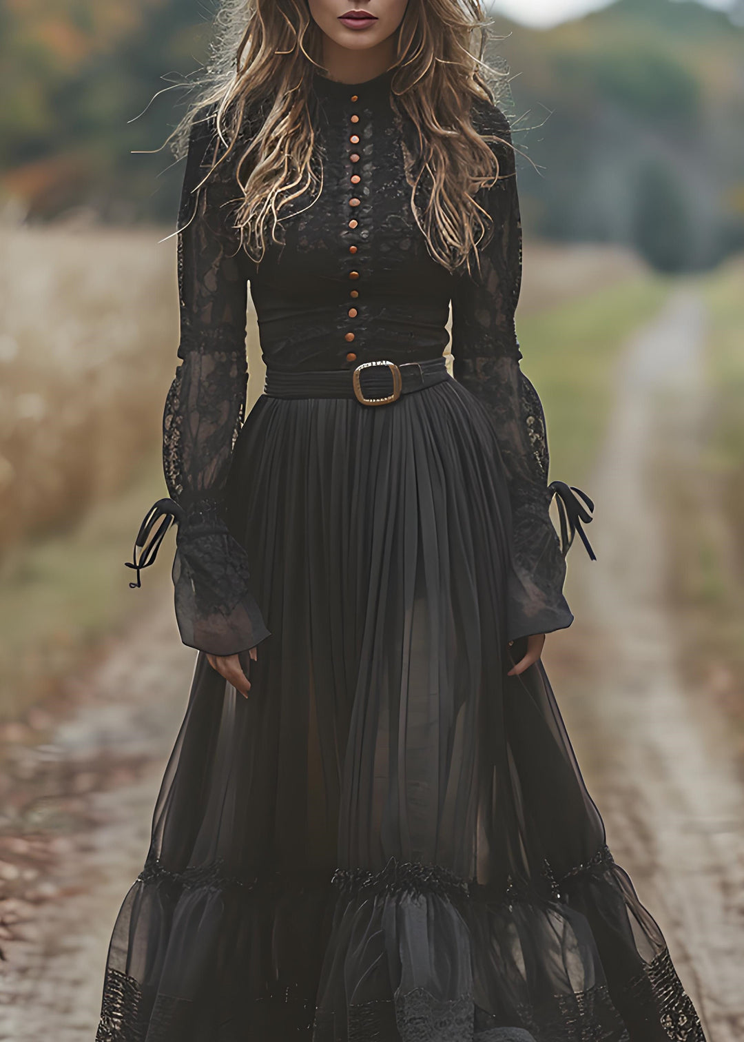 Bohemian Black Lace Patchwork Wrinkled Cotton Maxi Dresses Spring