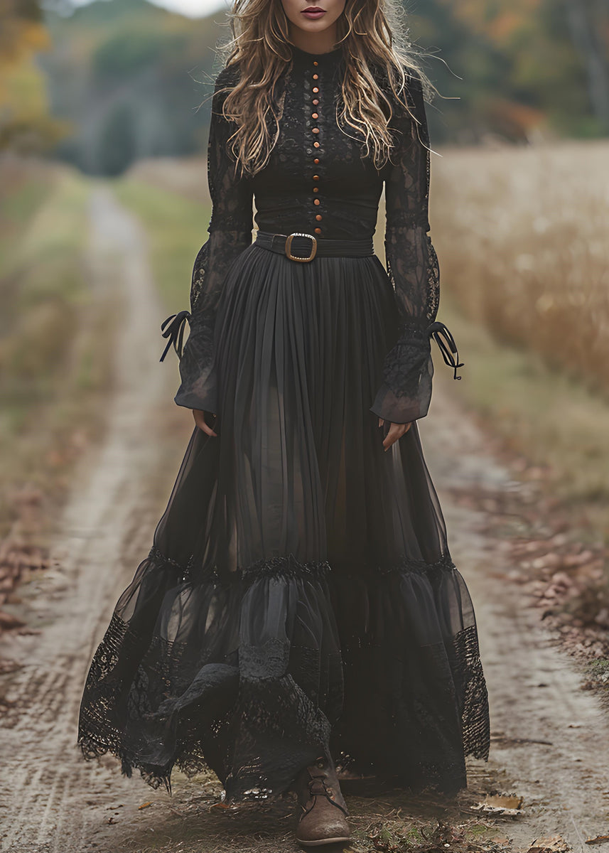 Bohemian Black Lace Patchwork Wrinkled Cotton Maxi Dresses Spring – Omychic