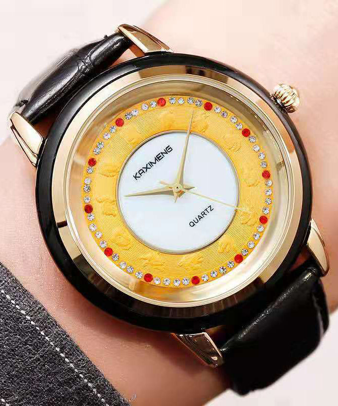 Bohemian Black Leather Alloy Zircon Inlaid Jade Tempered Glass Waterproof Watch