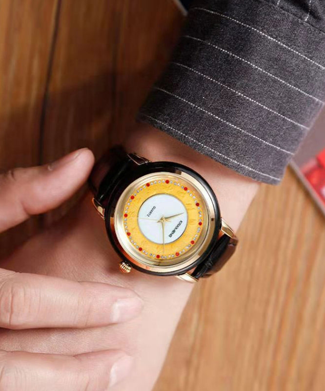 Bohemian Black Leather Alloy Zircon Inlaid Jade Tempered Glass Waterproof Watch