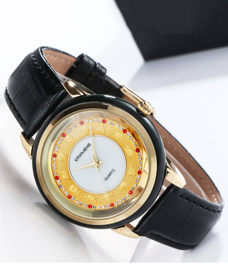 Bohemian Black Leather Alloy Zircon Inlaid Jade Tempered Glass Waterproof Watch