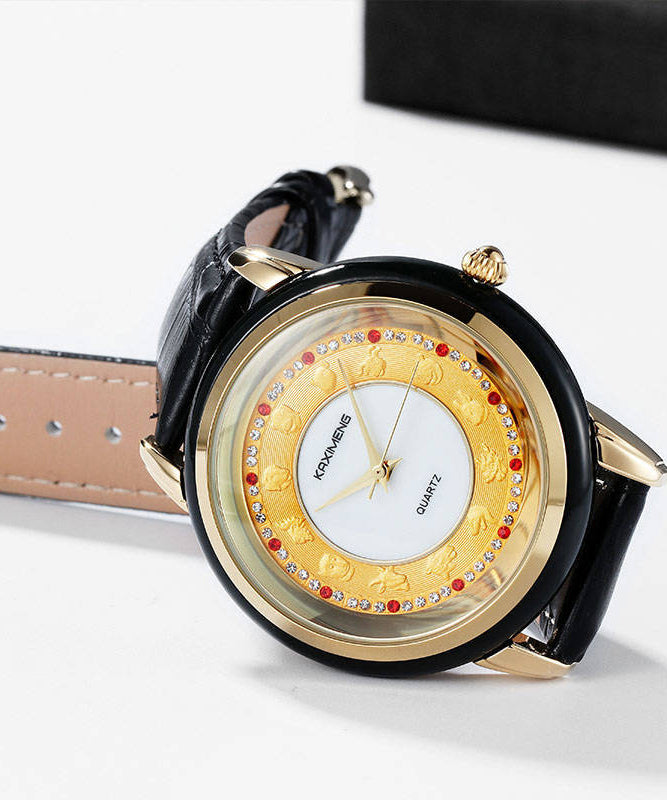 Bohemian Black Leather Alloy Zircon Inlaid Jade Tempered Glass Waterproof Watch