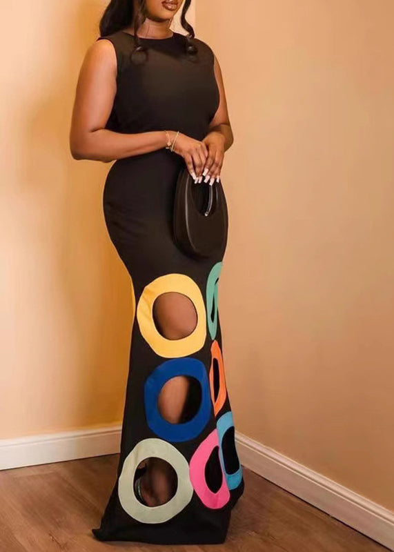 Bohemian Black O-Neck Hollow Out Maxi Dresses Sleeveless