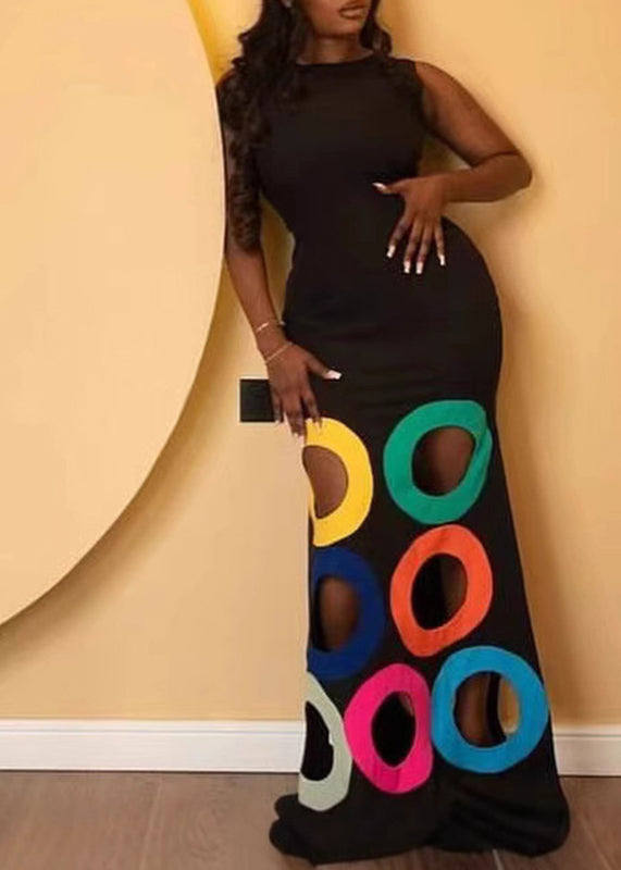 Bohemian Black O-Neck Hollow Out Maxi Dresses Sleeveless