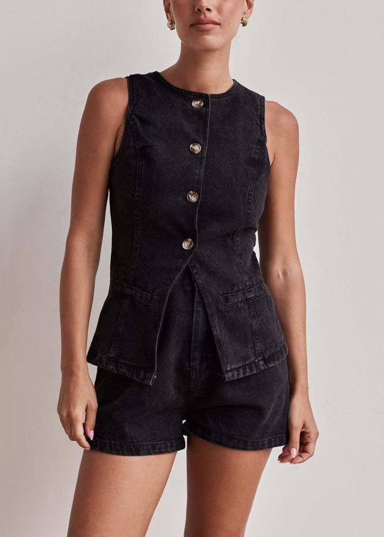 Bohemian Black O-Neck Side Open Denim Two Pieces Set Sleeveless
