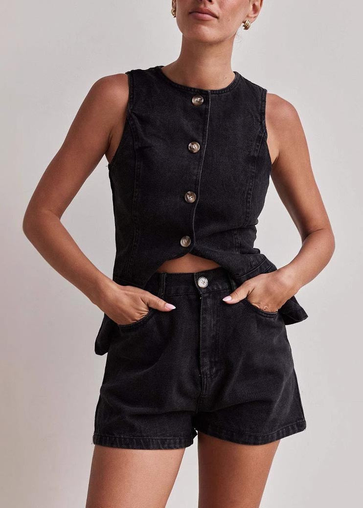 Bohemian Black O-Neck Side Open Denim Two Pieces Set Sleeveless