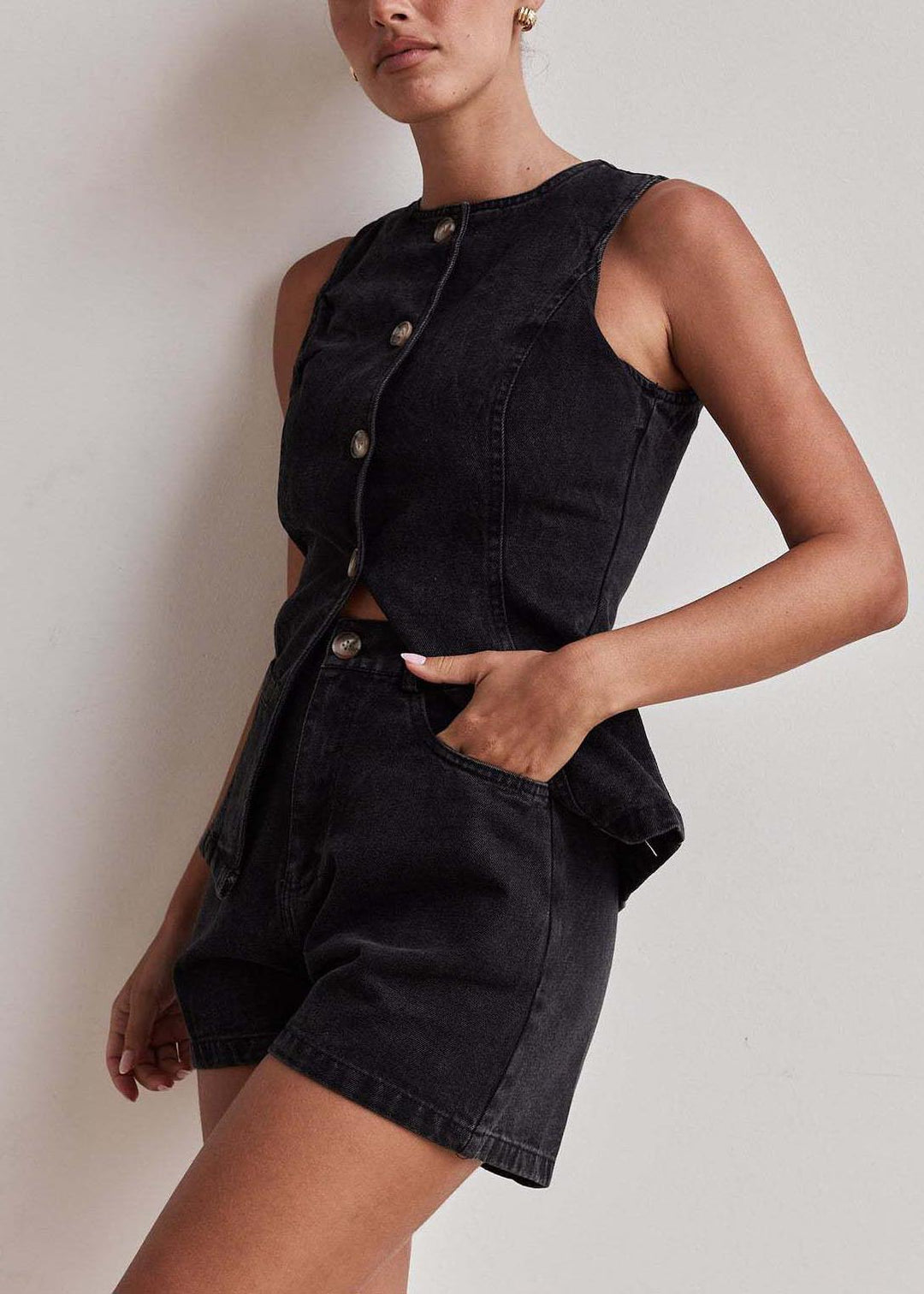 Bohemian Black O-Neck Side Open Denim Two Pieces Set Sleeveless