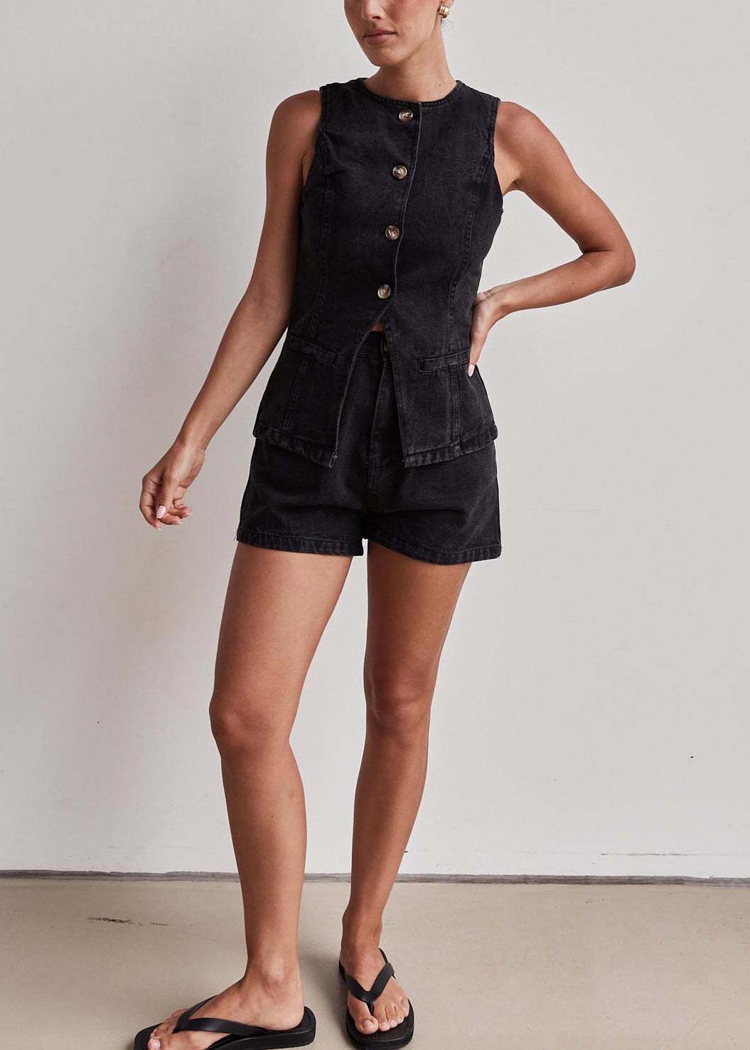 Bohemian Black O-Neck Side Open Denim Two Pieces Set Sleeveless