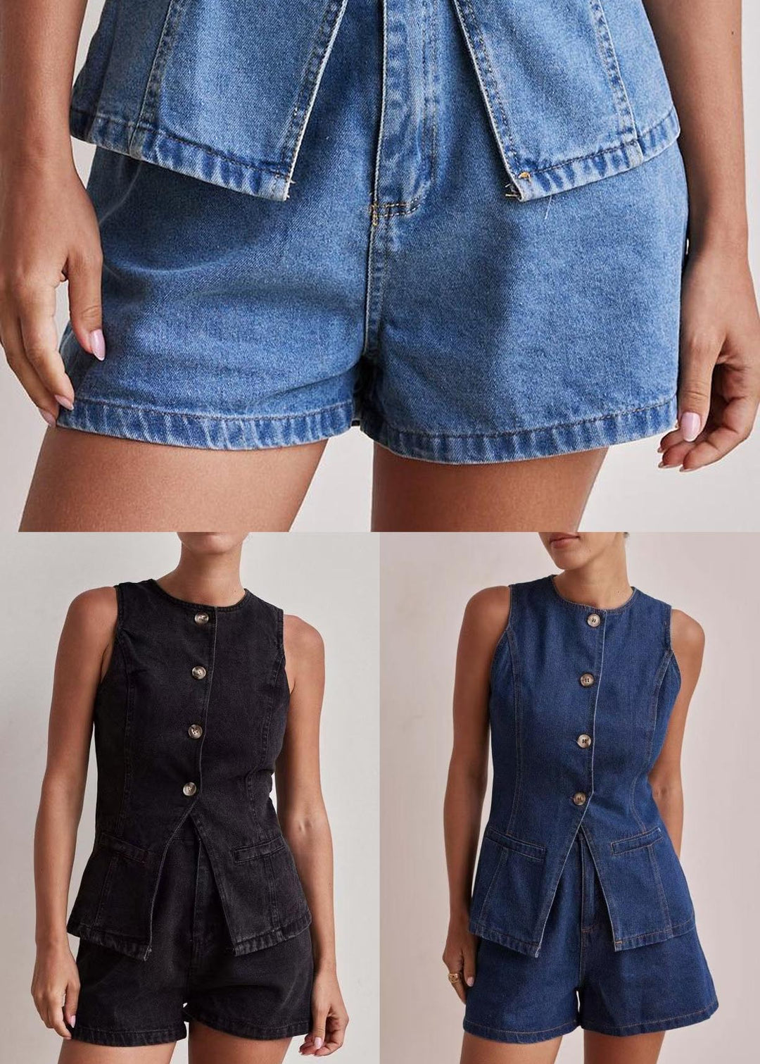 Bohemian Black O-Neck Side Open Denim Two Pieces Set Sleeveless