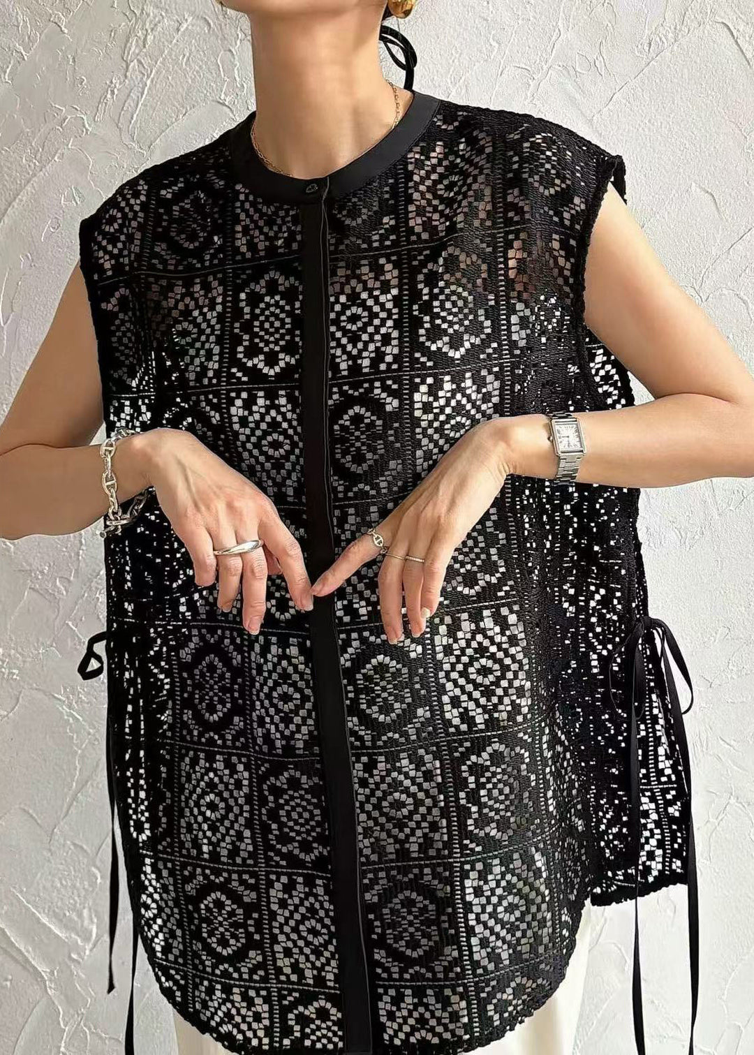 Bohemian Black Oversized Hollow Out Lace Tops Sleeveless
