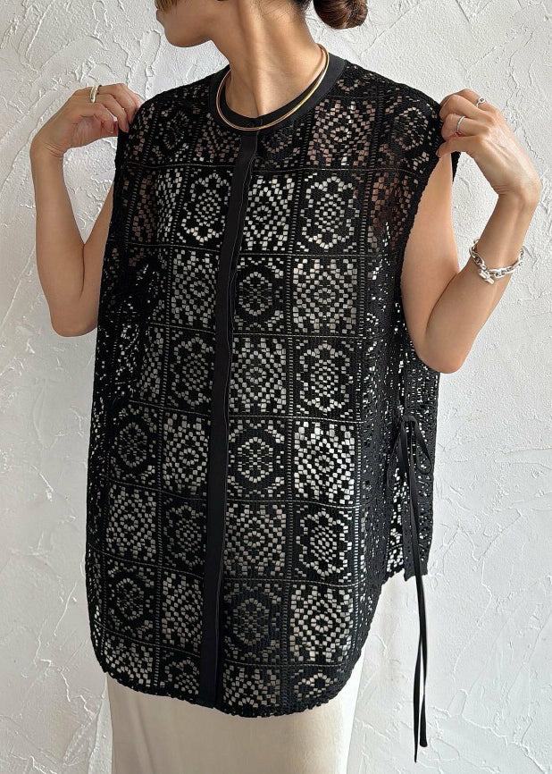 Bohemian Black Oversized Hollow Out Lace Tops Sleeveless