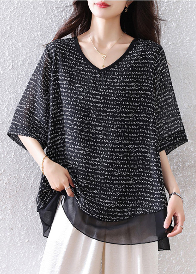 Bohemian Black Oversized Patchwork Chiffon Tops Summer