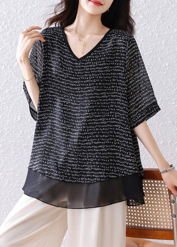 Bohemian Black Oversized Patchwork Chiffon Tops Summer